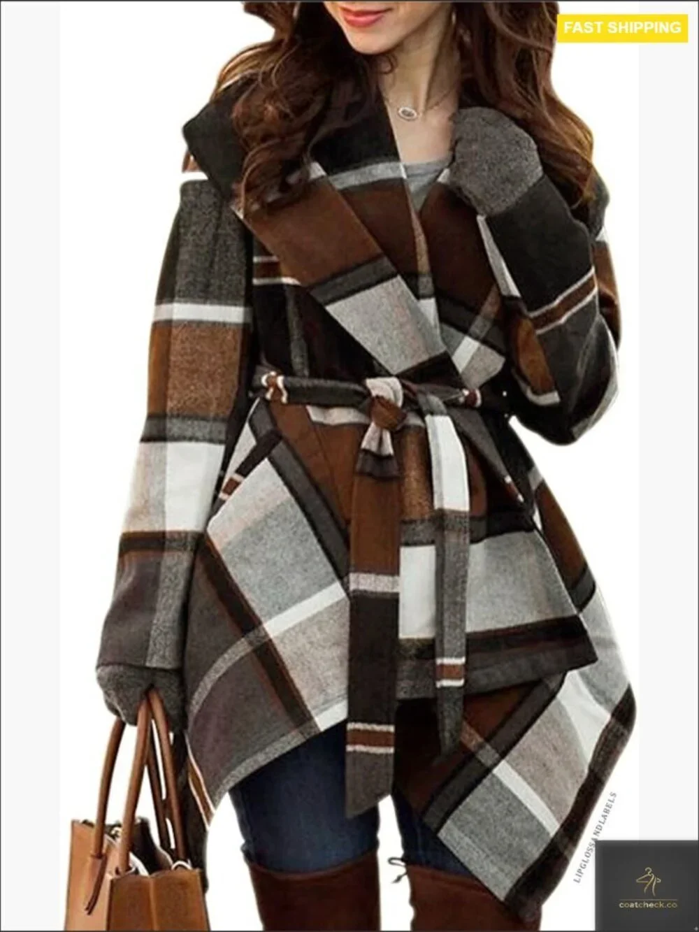 Turn Down Shawl Collar Asymmetric Hemline Wool Blend Coat Open Front Long Sleeve